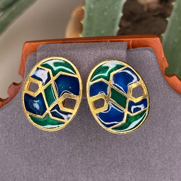 Florenza Jewelry - VTG Florenza Geometric Enamel Clip-On Earrings Oval Blue Green Gold 70s Jewelry
